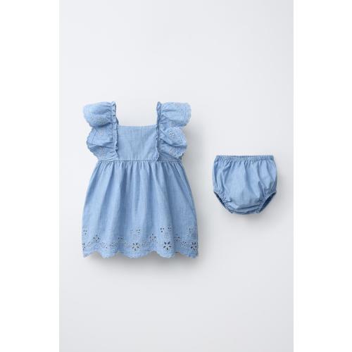 EMBROIDERED DENIM DRESS AND PANTIES - Mid-blue (3-6 Months)