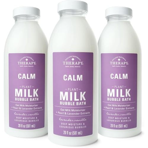 Village Naturals Therapy Calm Plant Milk Bubble Bath, Lavender Vanilla Scent with Oat Milk and Pearl Extract, 20 fl oz Each, Pack of 3