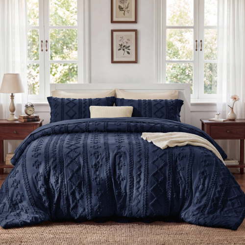 U by Bedsure Queen Tufted Boho Comforter Set, 3 Pieces Farmhouse Shabby Chic Embroidery Bed Set, Soft Jacquard Navy Comforter for All Seasons