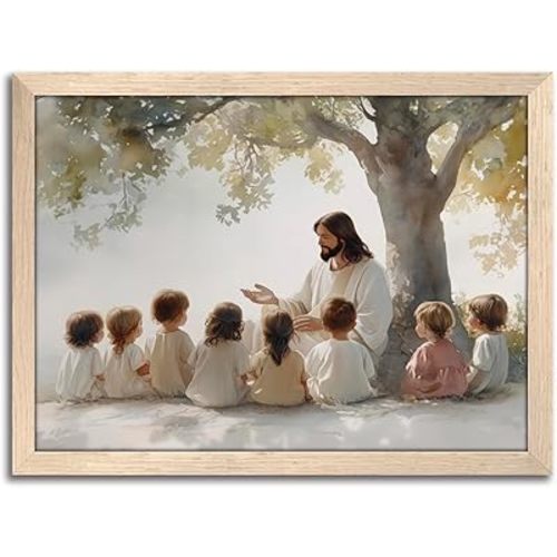 Jesus With Children Wall Art, Christian Jesus Teaching Kids Wall Decor Paintings, Religious Bible Canvas Print Pictures for Nursery Kids Room Prayer Room Home Decor Wood Framed 12x16 Inch