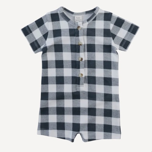 short sleeve union shortie | blue gingham | organic cotton interlock