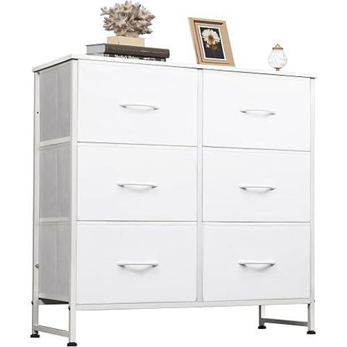 WLIVE White Dresser for Bedroom with 6 Fabric Drawers, Closet Dresser with Metal Frame, Wooden Top, Chest of Drawers for Closet, Living Room, Hallway