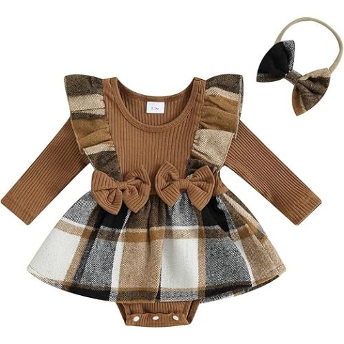 Newborn Baby Girl Fall Winter Outfit Set Plaid Romper Dress Ruffles Long Sleeve Clothes Jumpsuit with Bow Headband