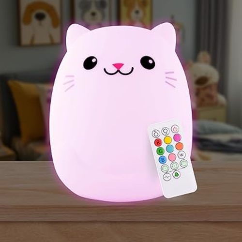 Lumipets Clive The Cat Squishy Silicone Night Light for Kids | Cute Night Light with Remote & Touch Control for Baby & Toddler Bedrooms | Color Changing Portable Animal Nightlight | Kids Mood Lamp