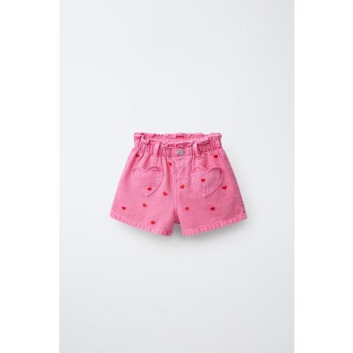 EMBROIDERED HEART PAPERBAG DENIM SHORTS - Pink | ZARA United States