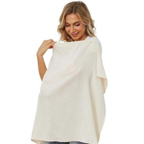 PPOGOO Muslin Nursing Cover for Baby Breastfeeding, Breathable Privacy Nursing Covers for Mom 100% Cotton Breastfeeding Cover with Rigid Hoop for Mother Nursing Apron (Beige)
