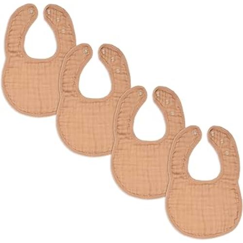 Comfy Cubs Muslin Bibs for Babies, Pack of 4 - Soft and Highly Absorbent, Feeding, Drool and Teething Bib, Adjustable Snaps - Stylish & Colorful Unisex Designs, Giftable Set - Caramel