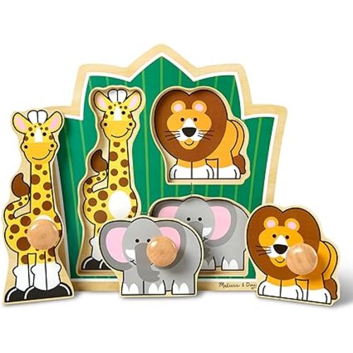 Melissa & Doug Jungle Friends Safari Animals Jumbo Knob Puzzle, Wooden Peg Puzzle for Toddlers, Educational Toy for Shape Recognition and Fine Motor Skills, Ages 1+