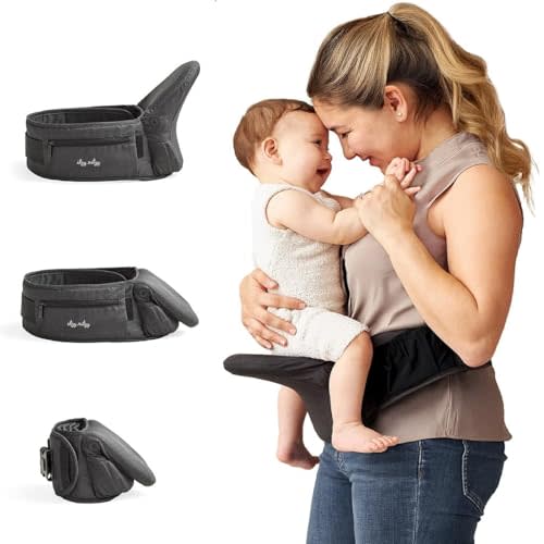 Itzy Ritzy Hip Seat Baby Carrier, Foldable Infant & Toddler Carrier (Black) | Strapless Infant & Toddler Carrier with Ergonomic Hipseat Design, Supports 1244 lbs with 3 Carry Positions, Zipper Pocket