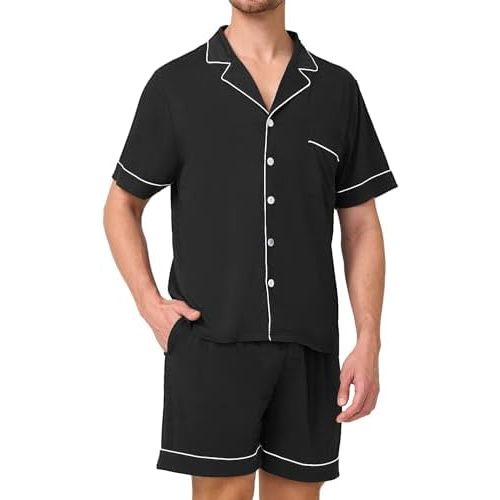 BAMBOO COOL Mens Pajama Set Sleepwear Pjs Button Down Shirts Short Sleeves, Lightweight Soft Pijama Bottoms with Pockets
