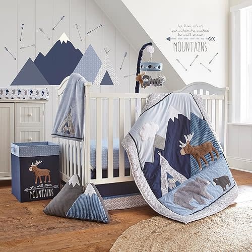 Levtex Baby - Trail Mix Crib Bed Set - Baby Nursery Set - Grey, Navy, White and Blue - Bear Mountains - 4 Piece Set Includes Quilt, Fitted Sheet, Wall Decal & Skirt/Dust Ruffle