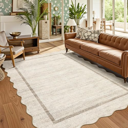 Modern Rug with Low Pile, Machine Made, Polyester, Beige | GARVEE
