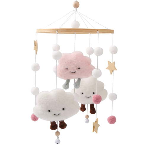 Baby Mobile for Crib, Boho Cloud Macrame Tassels with Hanging Rotating Toys Boho Nursery Decor Infant Bed Decoration for Newborn Boys and Girls, Pink