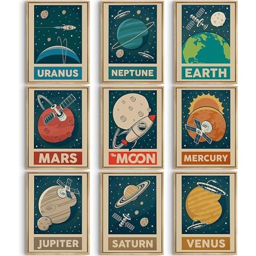 9pcs Retro Solar System Wall Art Nursery Space Pictures Retrospace Galaxy Wall Decor Outer Space Paintings Prints Sci-Fi Planet Posters for Boys Girls Kids Bedroom Living 8x10in Unframed