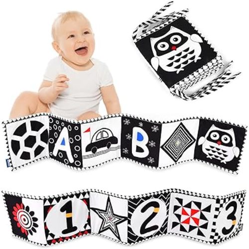 Vicloon Black and White High Contrast Baby Toys, Soft Baby Book for Newborn 0-3-6-12 Months, Infant Tummy Time Toys, Early Education Sensory Toys, Visual Stimulation Folding Cloth Book for Boys Girls