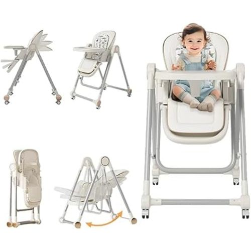 Baby High Chair,High Chairs for Babies and Toddlers,Adjustable 2-in-1 Baby High Chair,Portable Highchair for 1+ Years/Detachable PU Cushion/Locking Wheels KKK