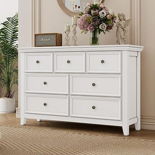 BLANKSPACE White 7 Drawer Dresser, Modern Dresser for Bedroom, Wood Drawer Organizer with Metal Knobs, Large Capacity Wood Cabinet for Bedroom