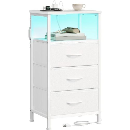 SONGMICS BELLAH Collection - Nightstand with Charging Station and App-Controlled Adjustable LED Lights, Bed Side Table, 3 Drawers and 1 Open Shelf, Modern, Cloud White and Snow White ULGS303WH01S
