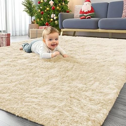 OLANLY Area Rugs for Living Room Bedroom, Machine Washable 4x5.9 ft Soft Fluffy Shaggy Bedside Rug, Indoor Floor Carpet for Kids Girls and Boys, Dorms, Nursery Rooms, Home Decor Aesthetic, Cream