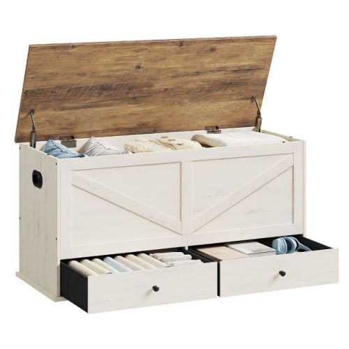 VASAGLE Storage Chest, Storage Bench with 2 Fabric Drawers, Farmhouse Style, 15.7 x 39.4 x 19.9 Inches, Rustic White and Honey Brown