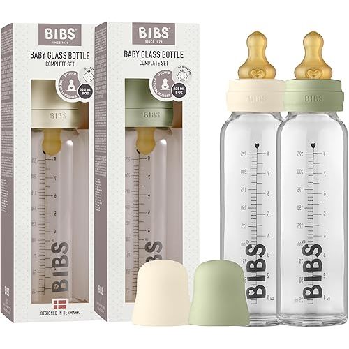 Bibs Baby Glass Bottle | Anti-Colic Borosilicate Glass Bottles | Natural Vented Round Natural Rubber Latex Nipple | Consistent Flow Rate | 7.6 oz/225 ml | 2 Pack | Ivory/Sage