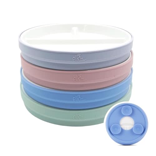 Elk and Friends Baby/Toddler 6.7" Porcelain Divided Plates + Sleeves | 4pk | Suitable for Babies | Silicone Suction Sleeves | Microwave + Dishwasher Safe | Baby Weaning Supplies