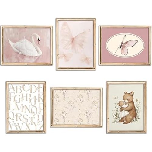 Coquette Girl Nursery Wall Art White Swan Preppy Painting Pink Butterfly Floral Pictures Aesthetic Canvas Posters Vintage Nursery Artwork for Girls Room Bedroom College Dorm 8x10 Inch Unframed