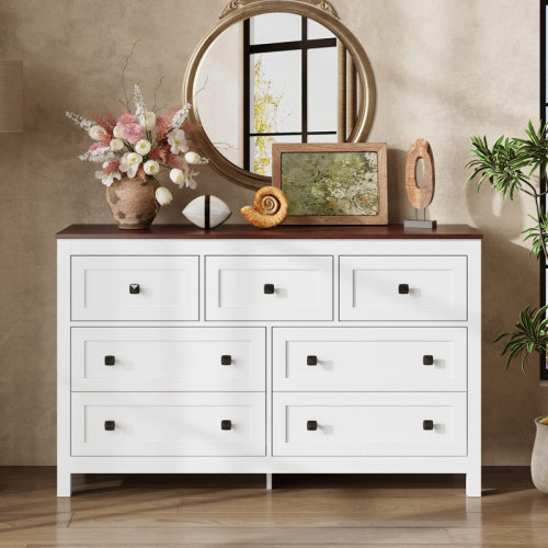 Ophelia & Co. Farmhouse 51.18'' Wide 7 Drawer Wood Dresser for Bedroom, TV Stand for 65 inch TV, Wooden Chest of Drawers, Modern Clothes Organizer for Living Room, Hallway | Wayfair