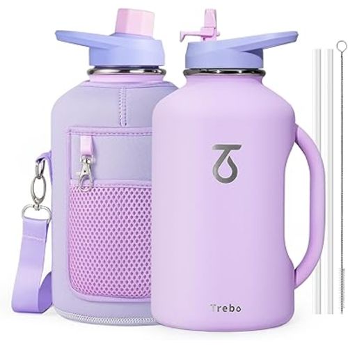 Trebo 64 oz Water Bottle Insulated with Handle, Leakproof Half Gallon Vacuum Stainless Steel Large Water Jug (Keep Cold for 48hrs),Gym Water Bottles Flask For Women with Straw Spout Lids Strap,Purple