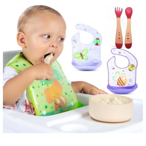 Baby & Toddler Essentials: 3 Gender Neutral Bibs with Temperature Sensitive Spoon and Fork - Washable, Removable/Detachable Food & Drool Catcher, Adjustable Snaps - Cartoon & Animal Graphics.