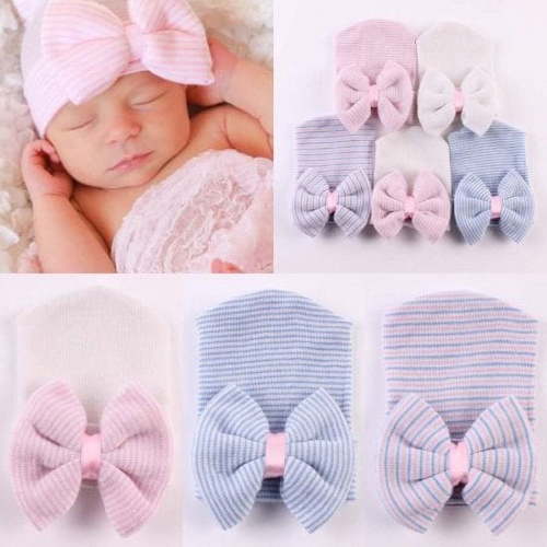 Baby Girls Infant Striped Soft Hat with Bow Cap Hospital Newborn Nursery Beanie Caps