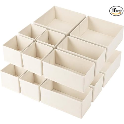 Criusia Drawer Organizer Clothes,16 Pack Underwear Drawer Organizers, Foldable Closet Organizers and Storage Dresser Drawer Dividers Clothing Organizer for Clothes, Socks, Scarves, Bra, Ties (Beige)