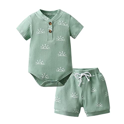 Derouetkia Summer Newborn Baby Boy Girl Clothes Solid Color Ribbed Romper and Shorts Outfits Set