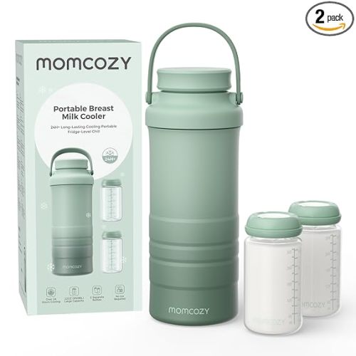 Momcozy 22oz Portable Breast Milk Cooler for Outdoor, Life Saver with 360° Total Cooling for 24 Hours, Larger Capacity Travel Breastmilk Chiller with 2pcs Baby Bottles for Breastmilk Storage, Green