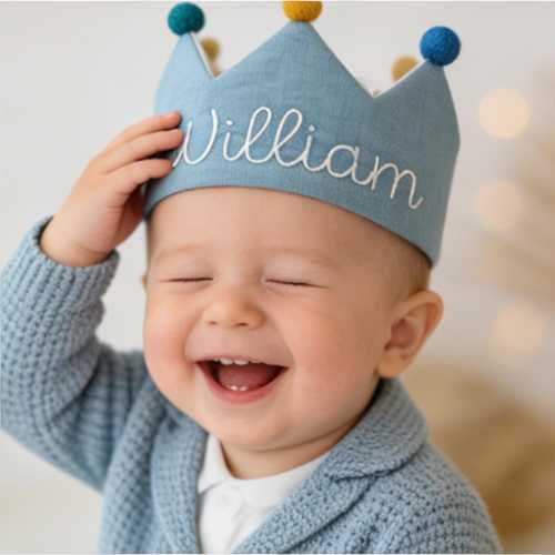 Hand Embroidered Linen Crown, Personalized Baby Birthday Gift, First Birthday Keepsake, Toddler Photo Prop, Custom Name Crown