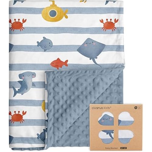 Baby Minky Blanket for Boys Girl, Super Soft Newborn Nursery Blanket with Double Layer Dotted Backing, 30x40 Cozy Printed Bed Throw Blanket, Undersea World