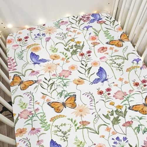 Vintage Wildflowers Butterflies Baby Crib Sheets for Boy Girl 52"x28" Colorful Spring Blossoms Soft Snug Fitted Crib Mattress Cover Wild Plant Baby Sheet for Standard Crib and Toddler Bed Mattress