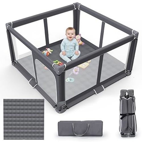 Foldable Baby Playpen - 50"x50" Safety Play Yard for Babies & Toddlers - Indoor & Outdoor Use with Carry Bag - Collapsible, Portable Play Yard, Dark Gray