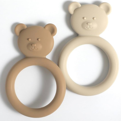 Silicone Baby Teether, Teething Toy Ring for Babies, Easy to Hold Design, BPA Free (Sand + Light Grey)