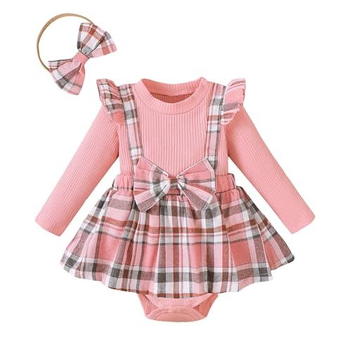 Coaturi Baby Girl Clothes Sets: 2 Piece Long Sleeve Top Plaid Romper with Headband Fall Winter Outfit for Infant 0-24 Months