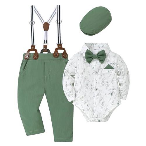 WESIDOM Baby Boy Clothes 0-18M Newborn Infant Gentleman Outfit, Shirt+Bowtie+Beret+Suspender Pant Baby boy Suit Clothing Set