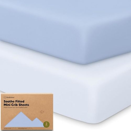 2pk Mini Crib Sheets Fitted 38x26 Pack N Play Mattress Sheet (Blue Flax) | Organic Cotton Sheets for Pack and Play Mattress, Soft, Breathable Playard Bedding Sheet, Mini Toddler Bed Cover, Boys, Girls