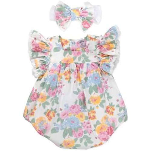 Baby Essentials Baby Girl Romper with Headband, 100% Cotton Infant Outfit for 3 to 9 Months, Spring Summer Baby Clothes