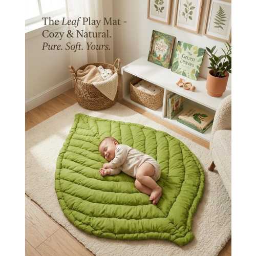 Leaf Baby Play Mat | Organic Cotton Quilted Nursery Rug | Nature Inspired Tummy Time Mat | Soft Neutral Baby Shower Gift | Montessori