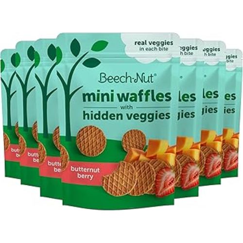 Beech-Nut Toddler Snacks, Mini Waffles with Hidden Veggies, Butternut Berry, Non-GMO, 3.2 oz Bag (7 Pack)