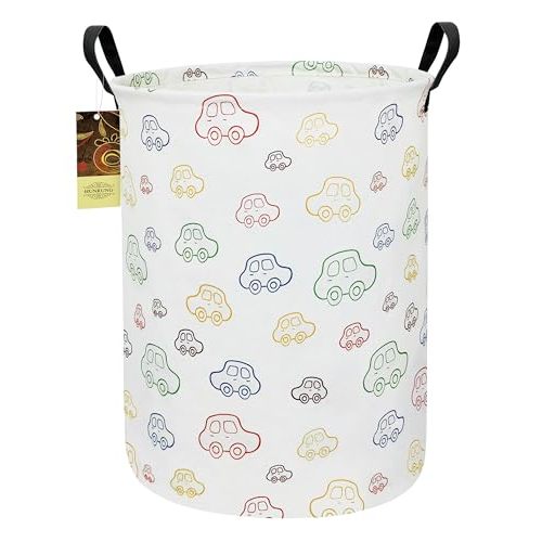 Collapsible Fabric Storage Basket, Waterproof Laundry Hamper with Handles, Round Storage Bin for Clothes, Foldable Organizer for Bedroom Nursery Bathroom(Colorful Car)