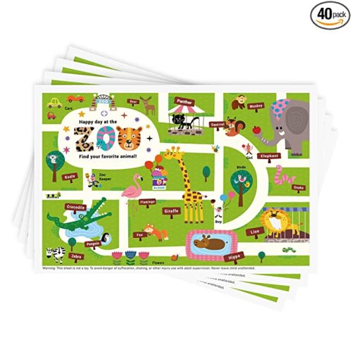 Babebay Disposable Stick-on Placemats 40 Pack for Baby & Kids & Toddler, Sticky Placemats Restaurant Table Mats 12" x 18" (Happy Zoo)