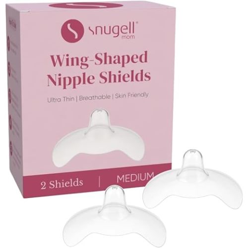 Snugell Wing-Shaped Nipple Shields for Breastfeeding, Medium 20mm - Ultra-Thin Food-Grade Silicone Nursing Shields, 2-Pack with Case - for Flat, Inverted or Sore Nipples - Newborn Latch Support