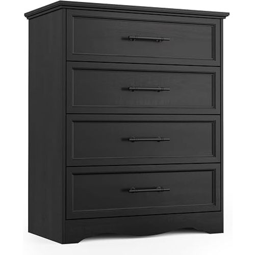 Black Dresser for Bedroom, Farmhouse 36" Tall 4 Drawer Chest with Sleek Brushed Metal Handles, Modern Wood Storage Cabinet with Unique Base Design, Closet Organizer for Bedroom, Living Room, Hallway