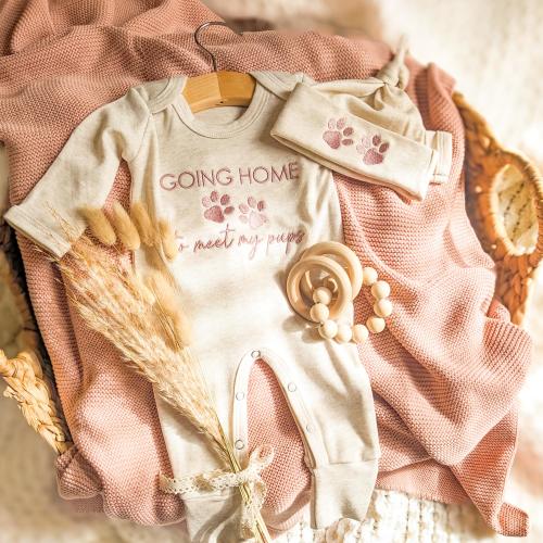 Going Home to Meet My Pups Baby Outfit - Newborn Coming Home Outfit, Baby Gift for Dog Lovers, Baby Boy or Girl Custom Embroidered Romper